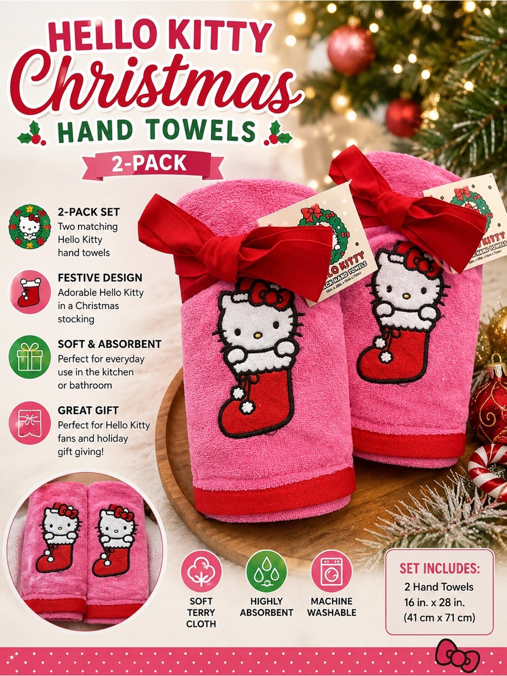 Hello Kitty Pink & Red Holiday Hand Towels - 2 Pack